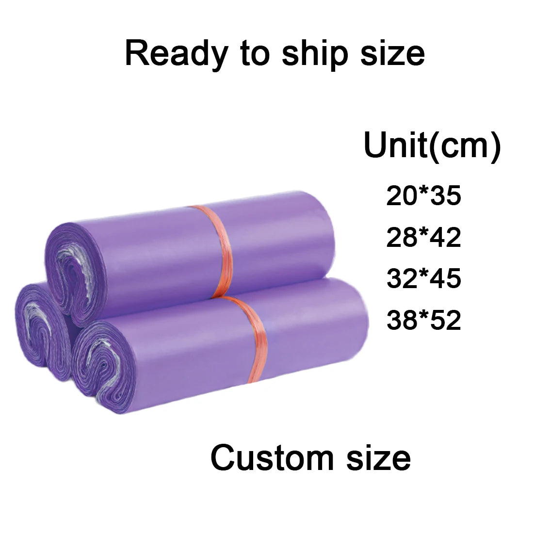 Rolled purple plastic polymailer mail bags for shipping clothing