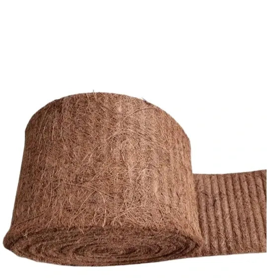 Brown coconut coir sheet tape piece with hot-melt adhesive backing, curved edge