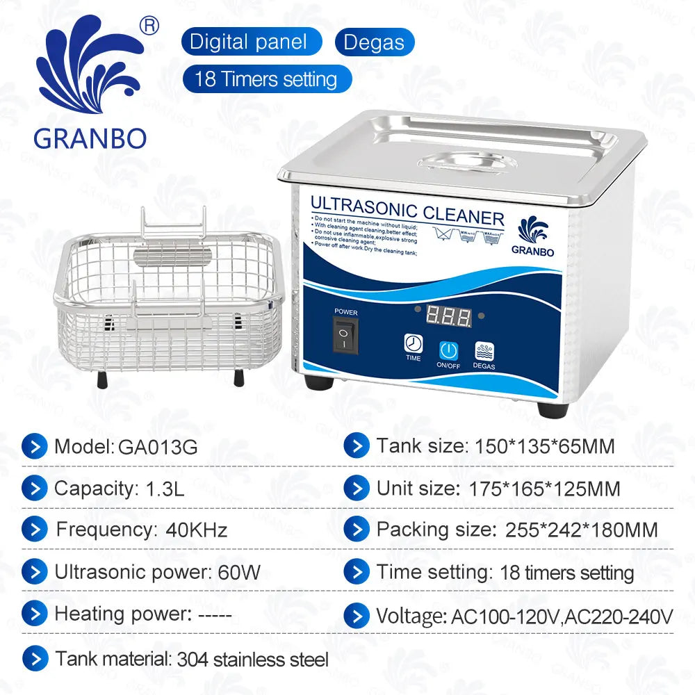 Tidesmit 1L Ultrasonic Cleaner with 35W 60W digital display, timer, and degas mode for jewellery and printer heads.