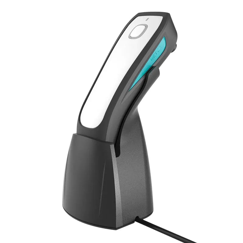 Barcode scanner charging base with white top label panel and side charging cradle