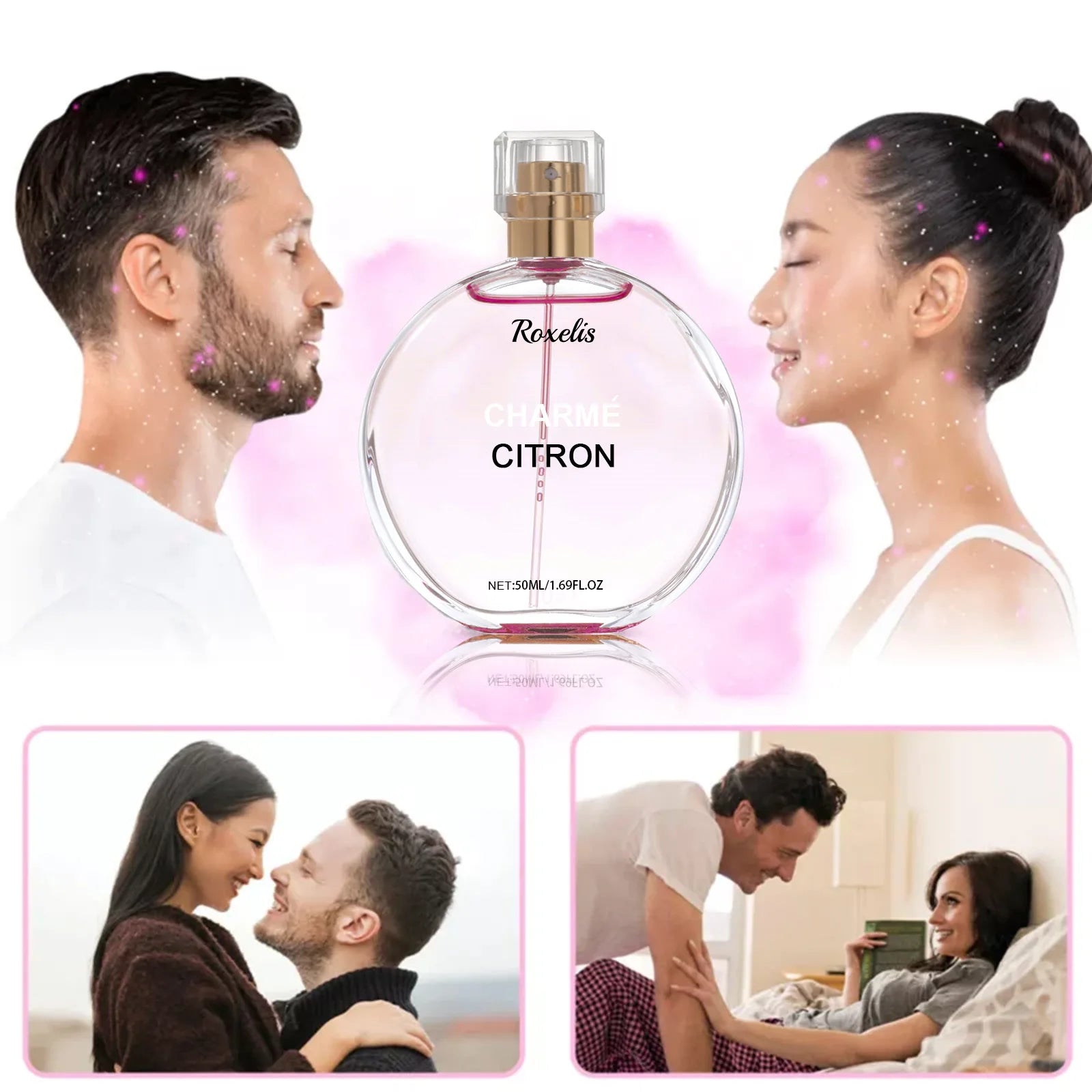 Roxelis Charme Citron 50ml floral pheromone perfume for women, elegant round bottle spray, long-lasting dating scent.