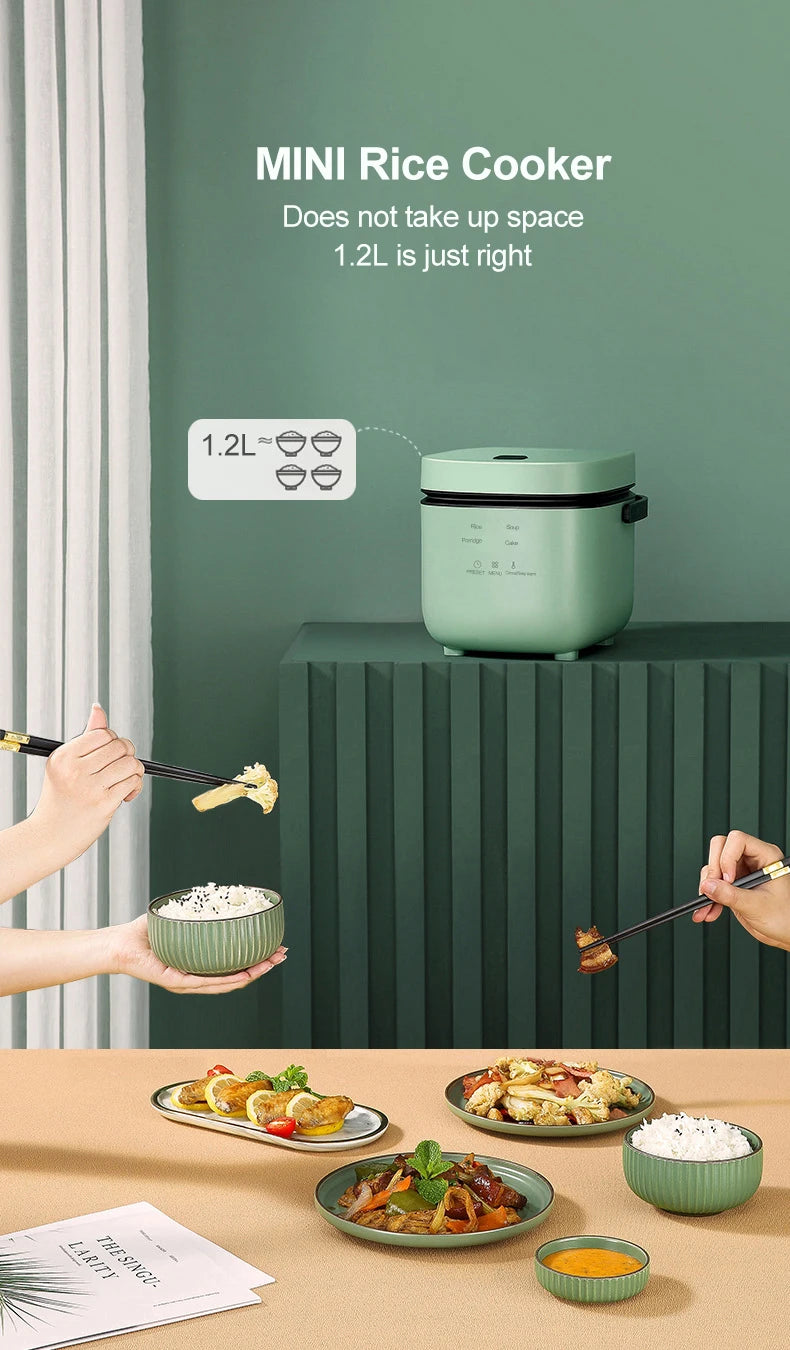 Mini electric rice cooker, mint green with side handle and visible control panel, compact for small spaces