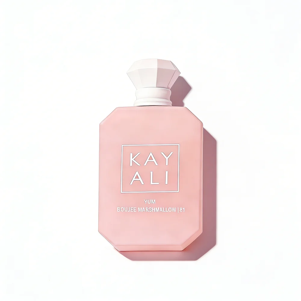 KAYALI Yum Boujee Marshmallow 81 EDP 100ml: Pink square bottle, warm gourmand vanilla, amber, musk scent for women.