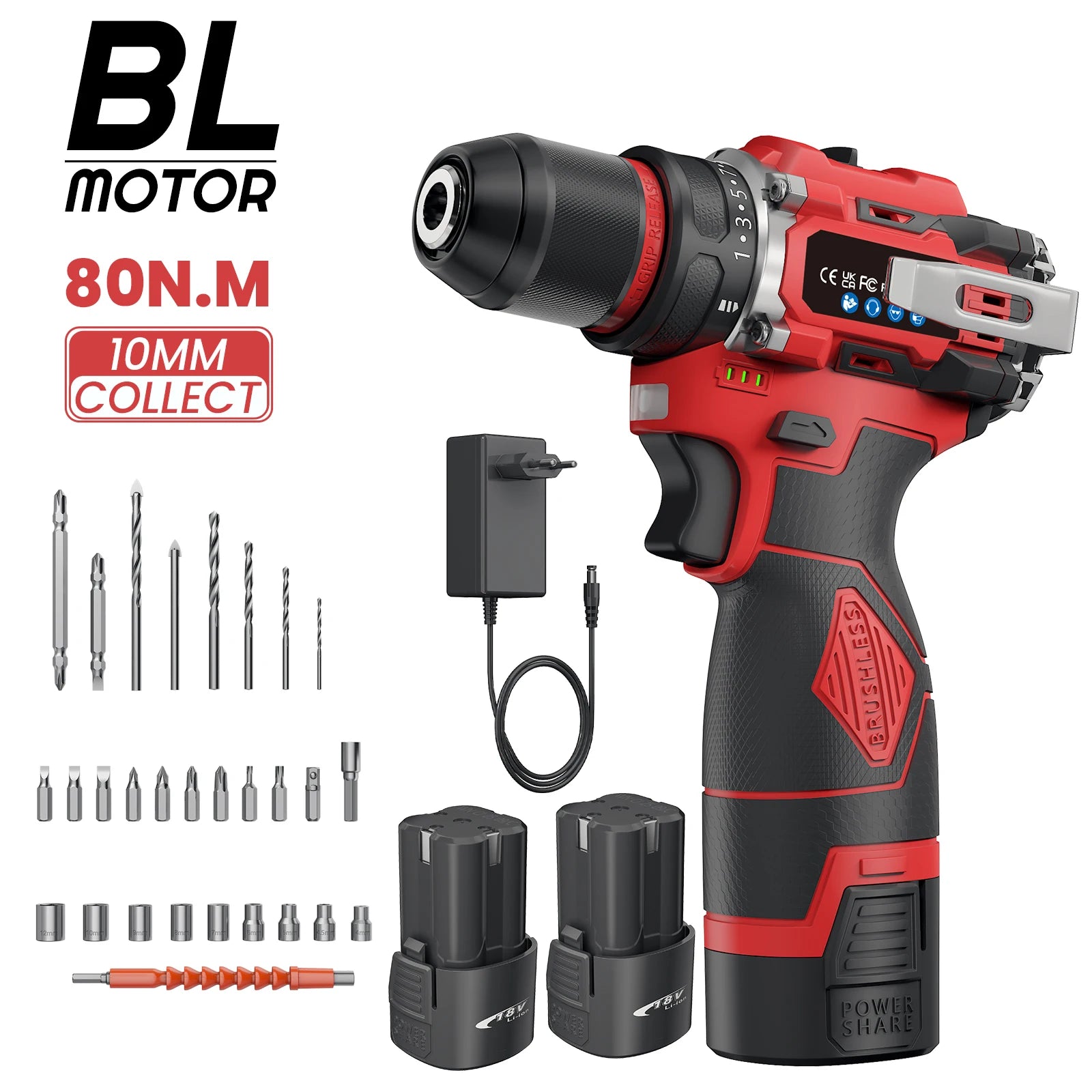 80N.M Brushless Drill 2 Batteries Torque Adjustment 16.8V Impact Drill 3 in 1 Screwdriver 1600Rpm Electric Drill Power Tool