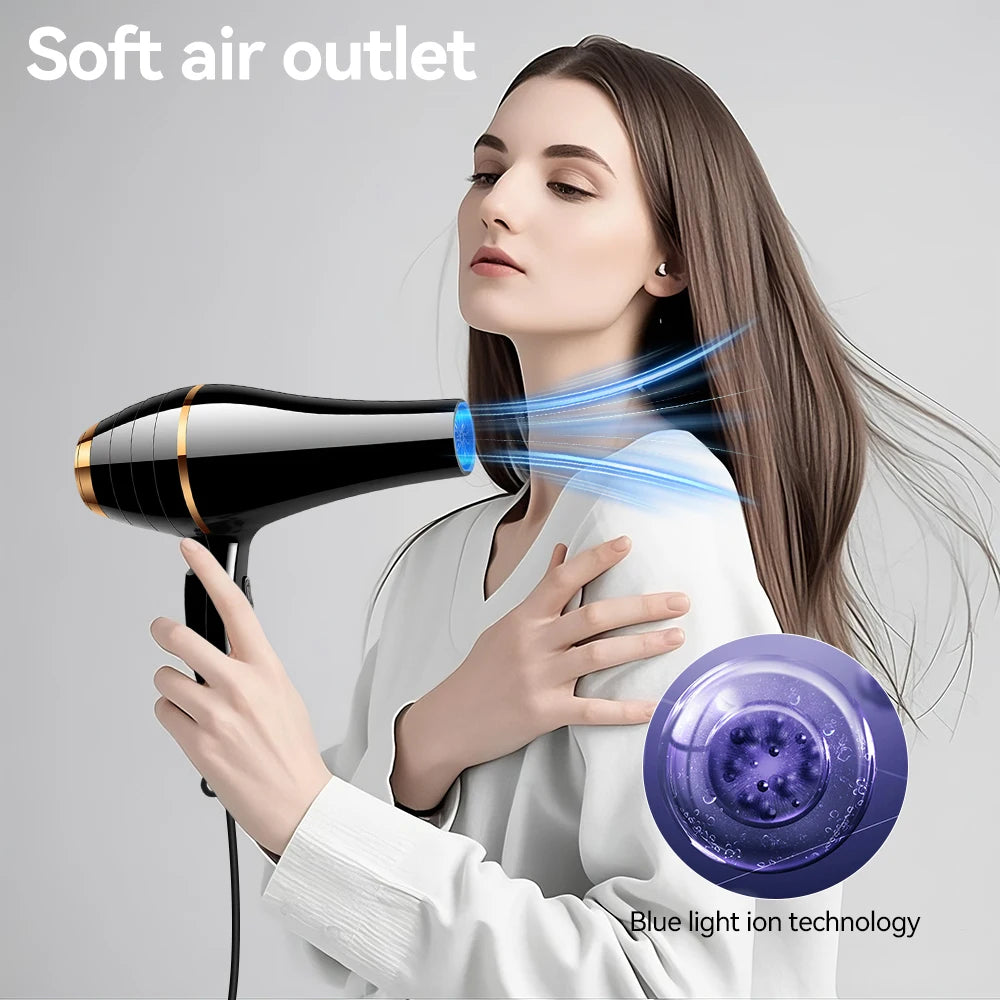 Professional 1800W black and gold ionic hair dryer with blue light technology for fast, quiet drying.
