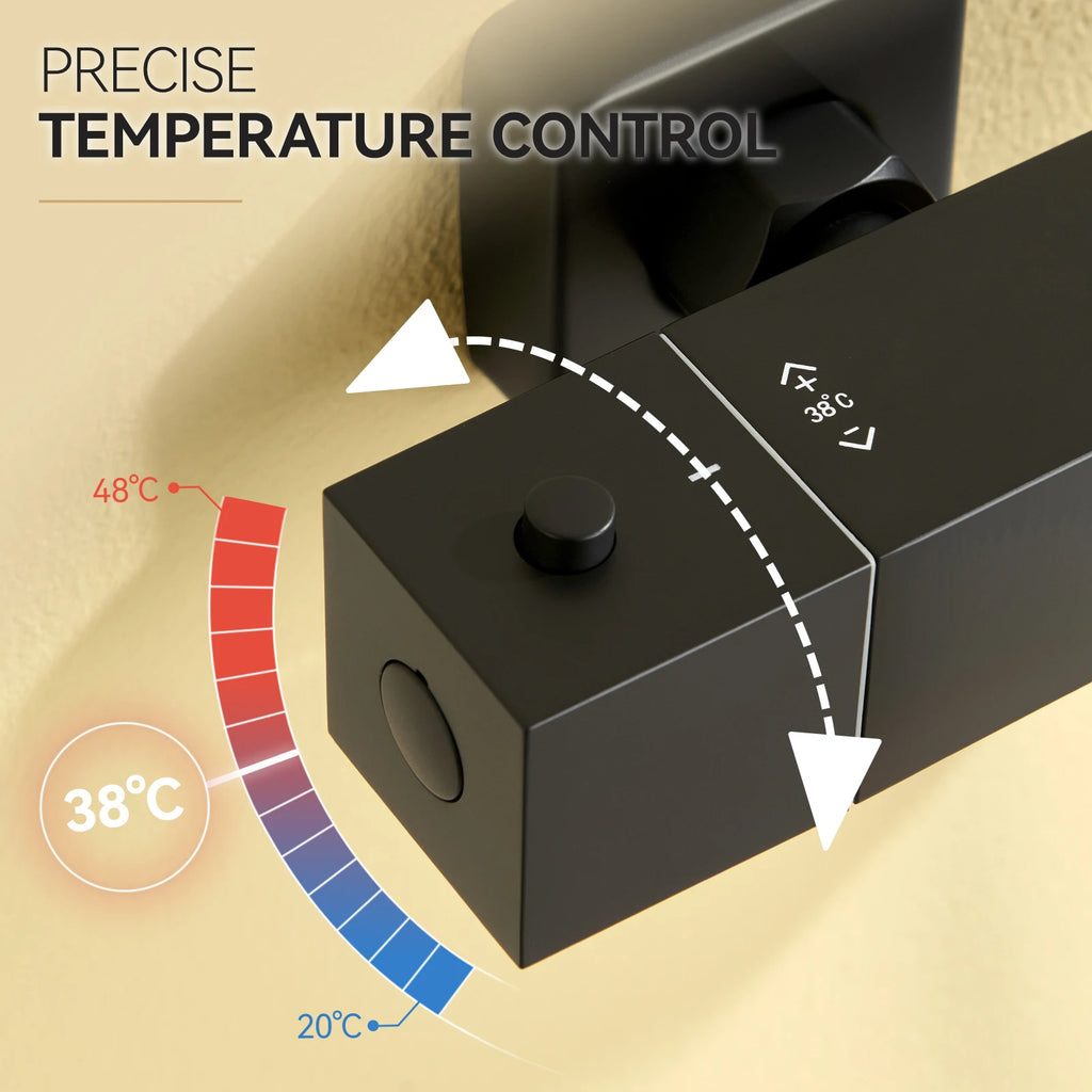 Thermostatic Shower Faucet, Square, Wall-mounted Mixer, Black Thermostatic Mixer, Automatic Thermostat Control, 38°C, G1/2