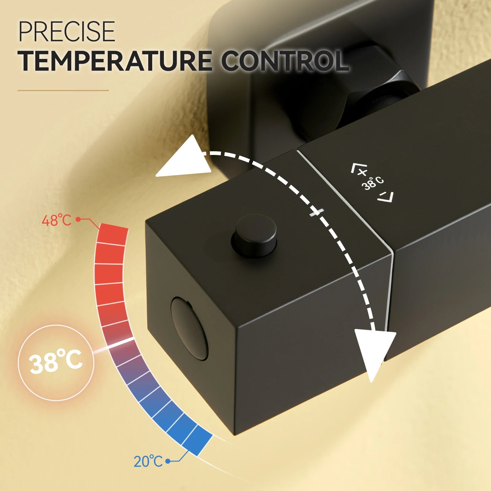 Thermostatic Shower Faucet, Square, Wall-mounted Mixer, Black Thermostatic Mixer, Automatic Thermostat Control, 38°C, G1/2