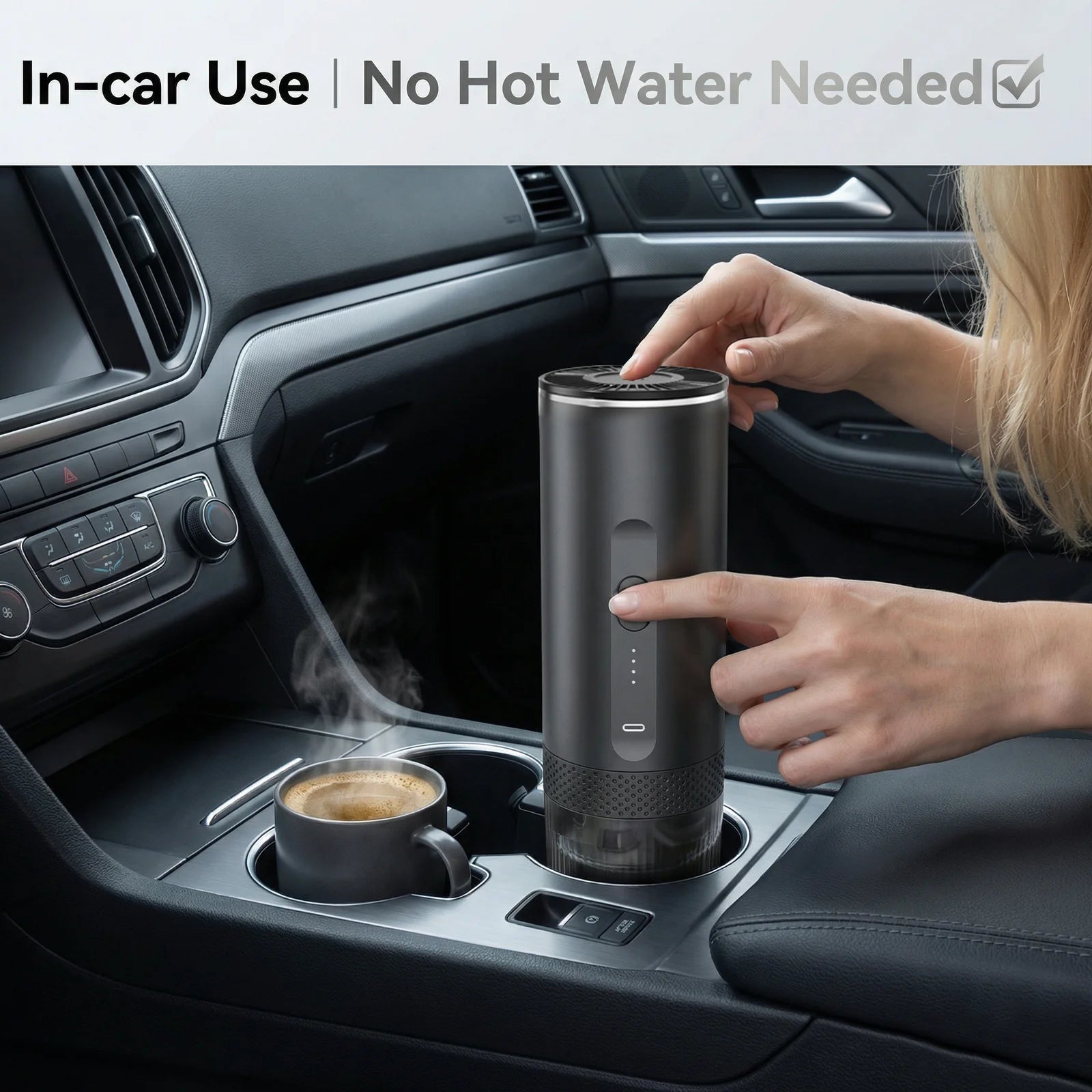 Portable black electric coffee maker for car cup holder, brewing fresh hot espresso with no hot water needed.