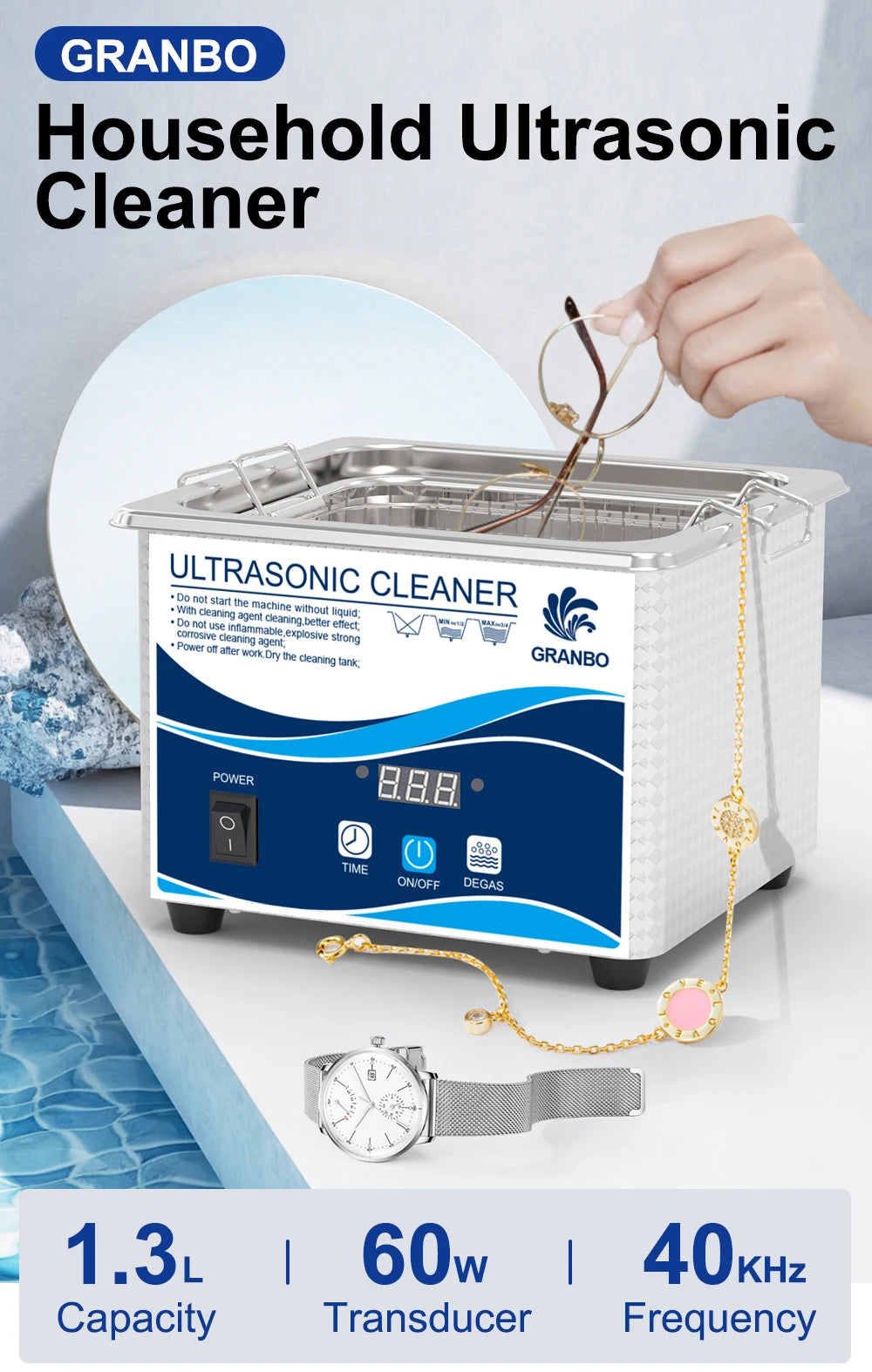 Tidesmit 1L ultrasonic cleaner with digital degas display and 30-minute timer for jewelry, glasses, and shaver parts