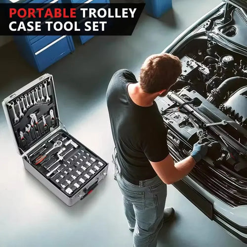 Portable trolley tool case open with assorted hand tools arranged in compartments