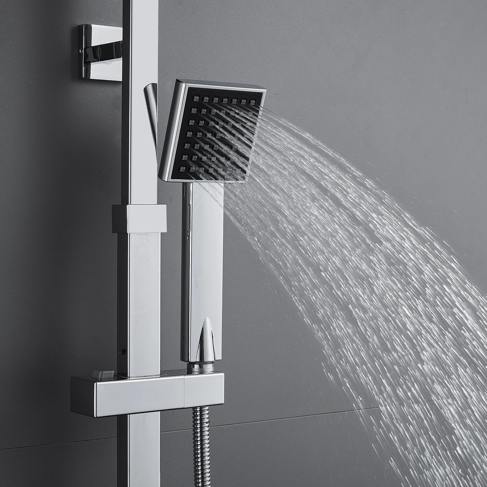 Shower column with thermostatic mixer tap, stainless steel square column, height 85-cm, geometric Minimalist style
