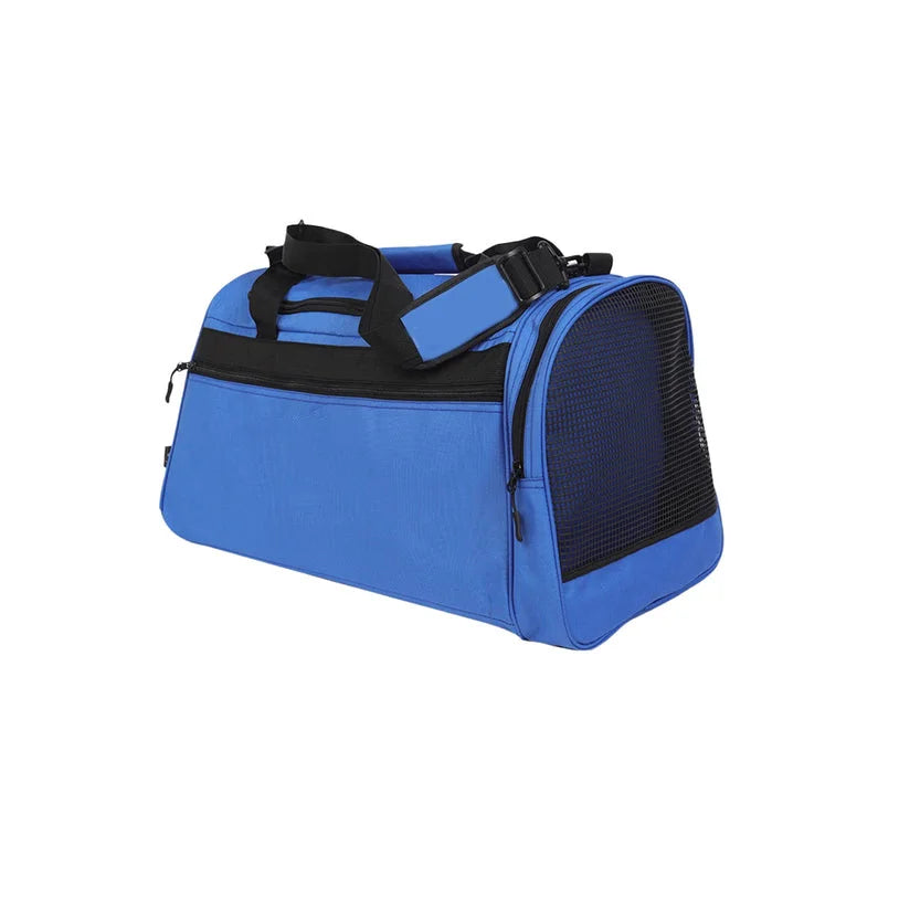 Blue nylon large-capacity travel gym duffel bag with black trim, shoulder strap, and side mesh ventilation panel.