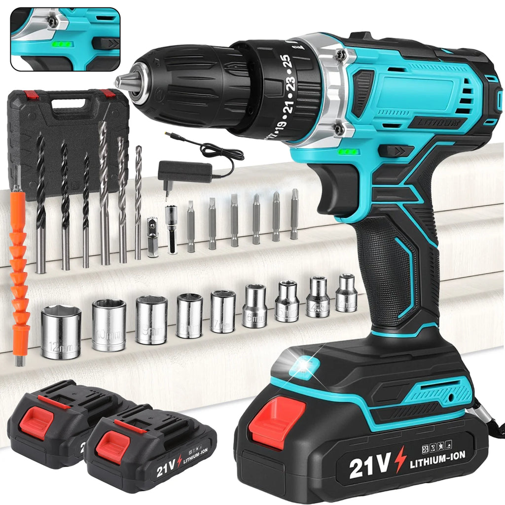 21V Cordless Drill Driver Set 29PCS 35Nm Electric Drill 3/8 Inch Keyless Chuck 25+3 Clutch Variable Speed With 2pcs Batteries