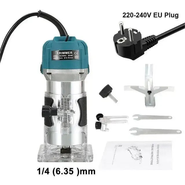 Teal electric router kit with EU plug, 1/4-inch collet, and included accessories