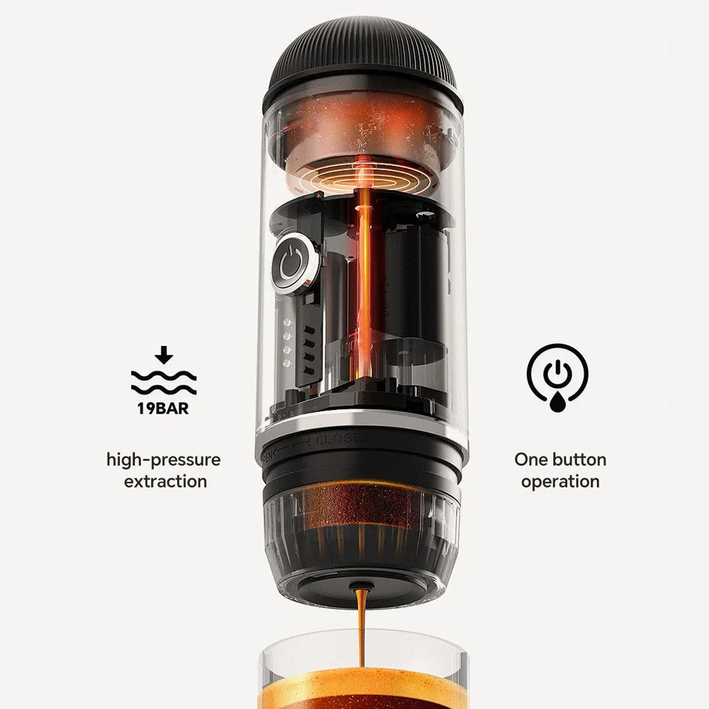 Portable black and clear 19-bar espresso maker with one-button operation and high-pressure extraction technology.