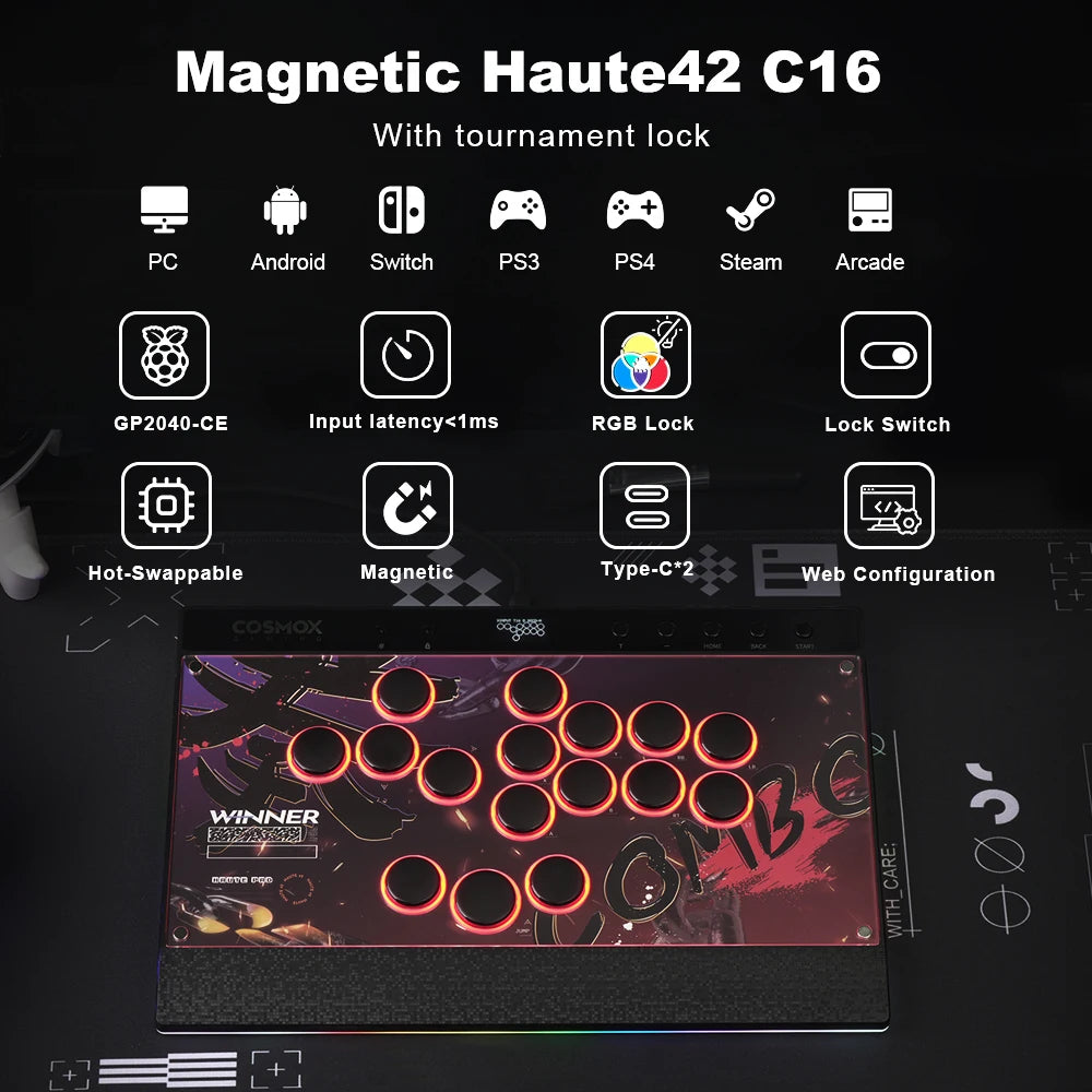 Haute42 C16 Magnetic Leverless Hitbox Controller Stickless Arcade Controller Keyboard For PC/ PS5/PS4 Hitbox Fighting Stick