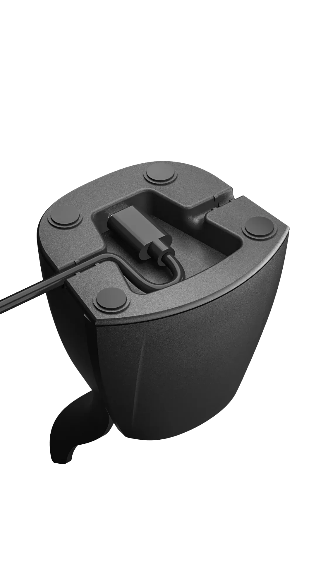 Black charging dock base with cable port and cradle slots