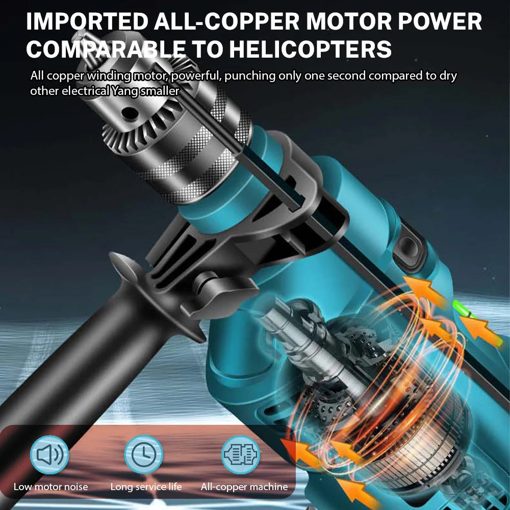 Blue Gun Type Electric Hammer Drill 1500W Load Power 710W Rated Power Variable Speed 1.5-13mm Chuck Multi-function Drilling Polishing Cutting Power Tool