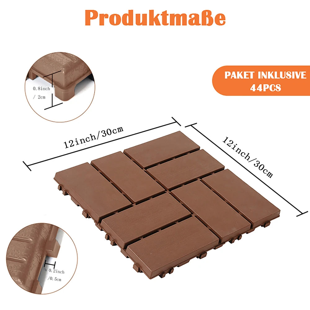 Interlocking wall and floor tiles (44 pieces per pack), waterproof and moisture-resistant, reddish-brown, suitable for indoor and outdoor use (bedroom, living room, balcony).