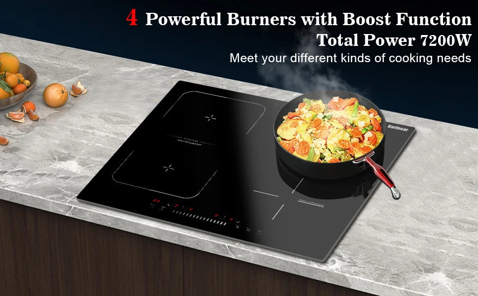 Black built-in induction cooktop with skillet and burner zones on a countertop