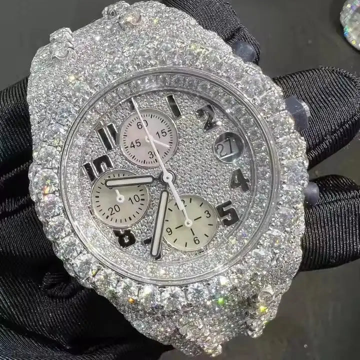 Exquisite Luxury Automatic Mechanical Stainless Steel Watch Premium Moissanite Diamonds Classic Analog Simple Iced Finish
