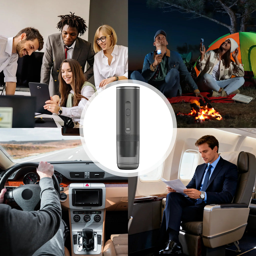 Portable dark gray electric espresso maker for travel, camping, office, and car use with rechargeable battery.