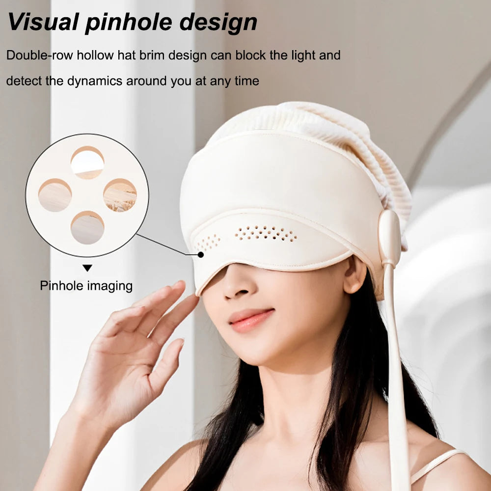 Beige electric head and eye massager with pinhole design, air bag wrapping, 4 modes, and 3 heat settings.