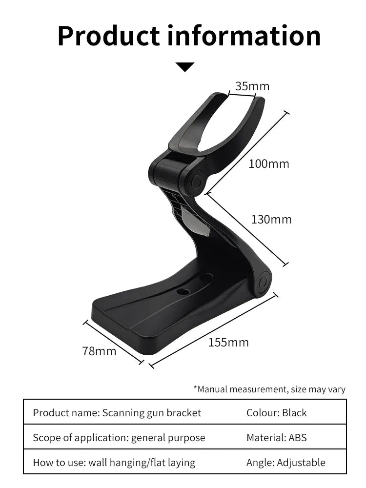 Black adjustable barcode scanner stand with angled cradle and wide base