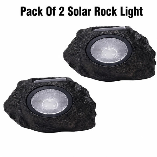Set of 2 solar rock LED lights with black stone-style housing and clear lamp lens