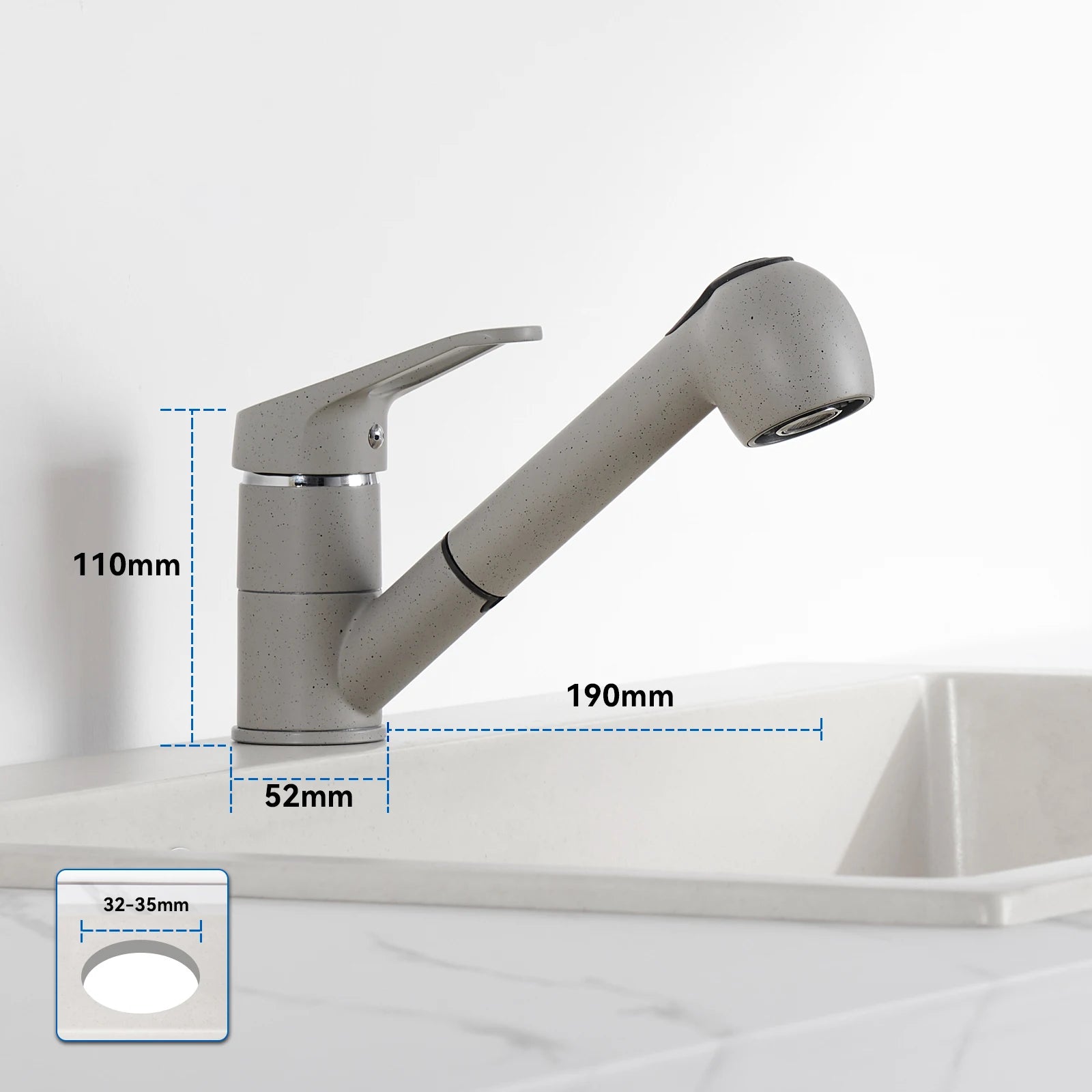 Kitchen Tap Grey, Pipe Shape Pull Out Kitchen Faucet 180 Swivel, 2 Modes Spray Hot Cold Water Mixer, Brass Body Drink Water Sink Mixer, Easy Install PEX Hose, Standard G3/8 Modern Home Laundry Deck Mounted Water Tap