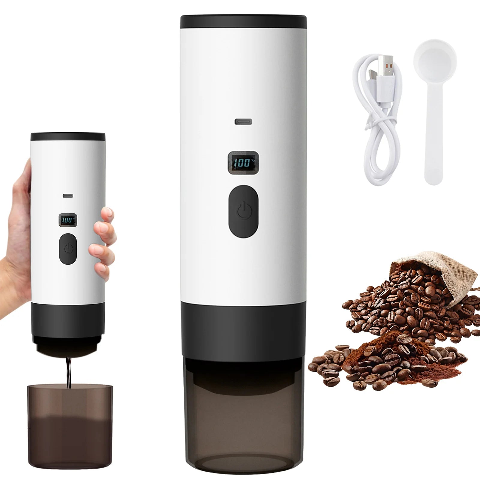 Portable white electric coffee grinder with digital display, USB charging cable, measuring scoop, and coffee beans.