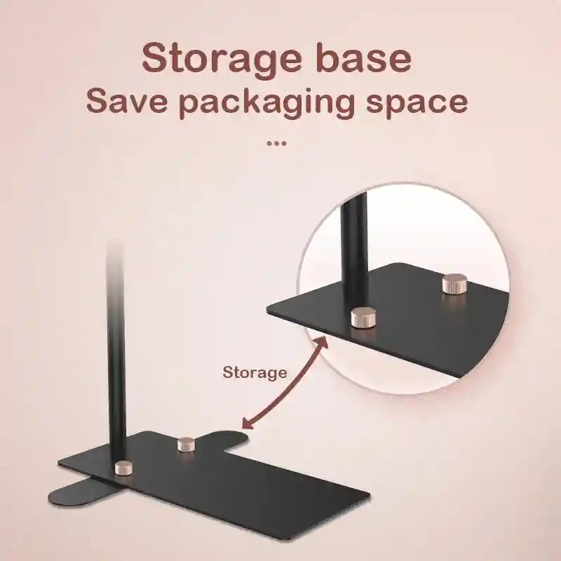 Black metal stand base with a flat, extended plate for compact accessory storage.