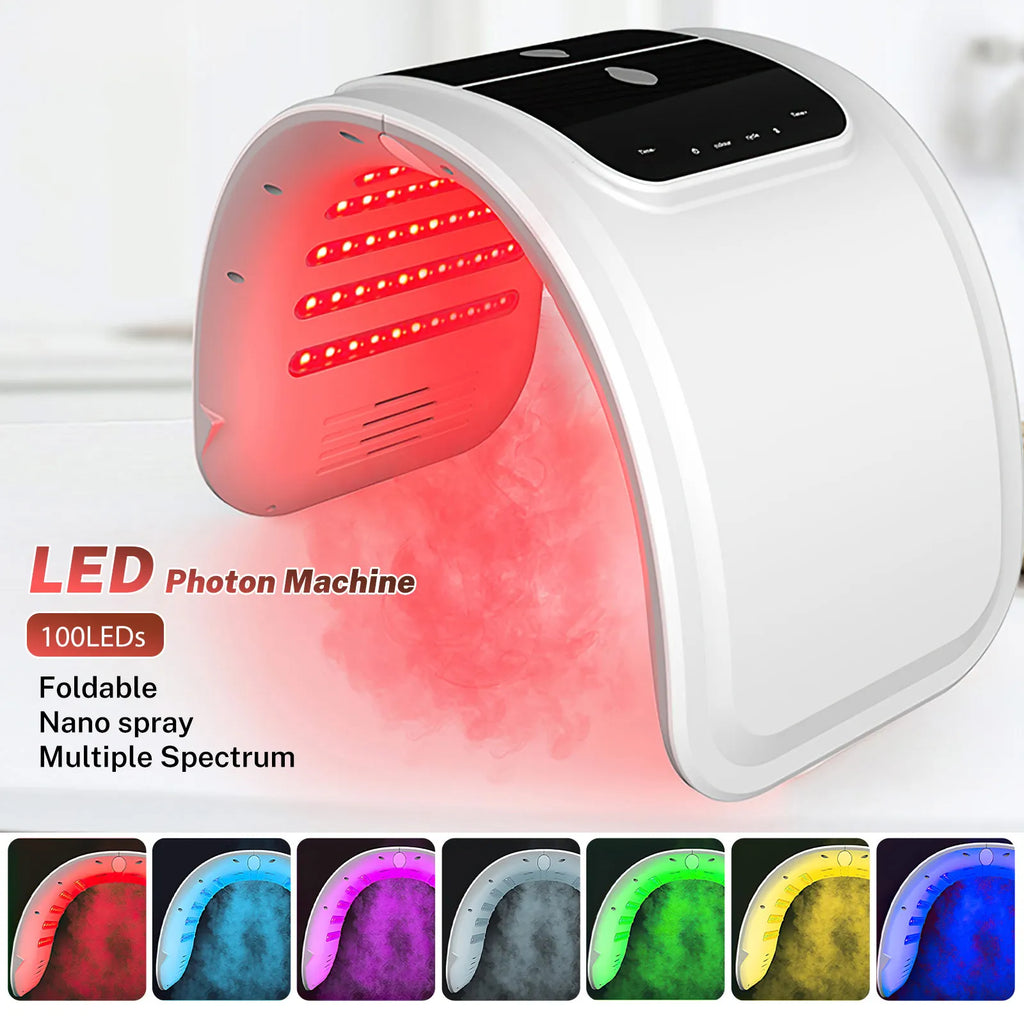 White foldable LED photon skincare machine emitting various colored lights and nano spray for facial treatment.