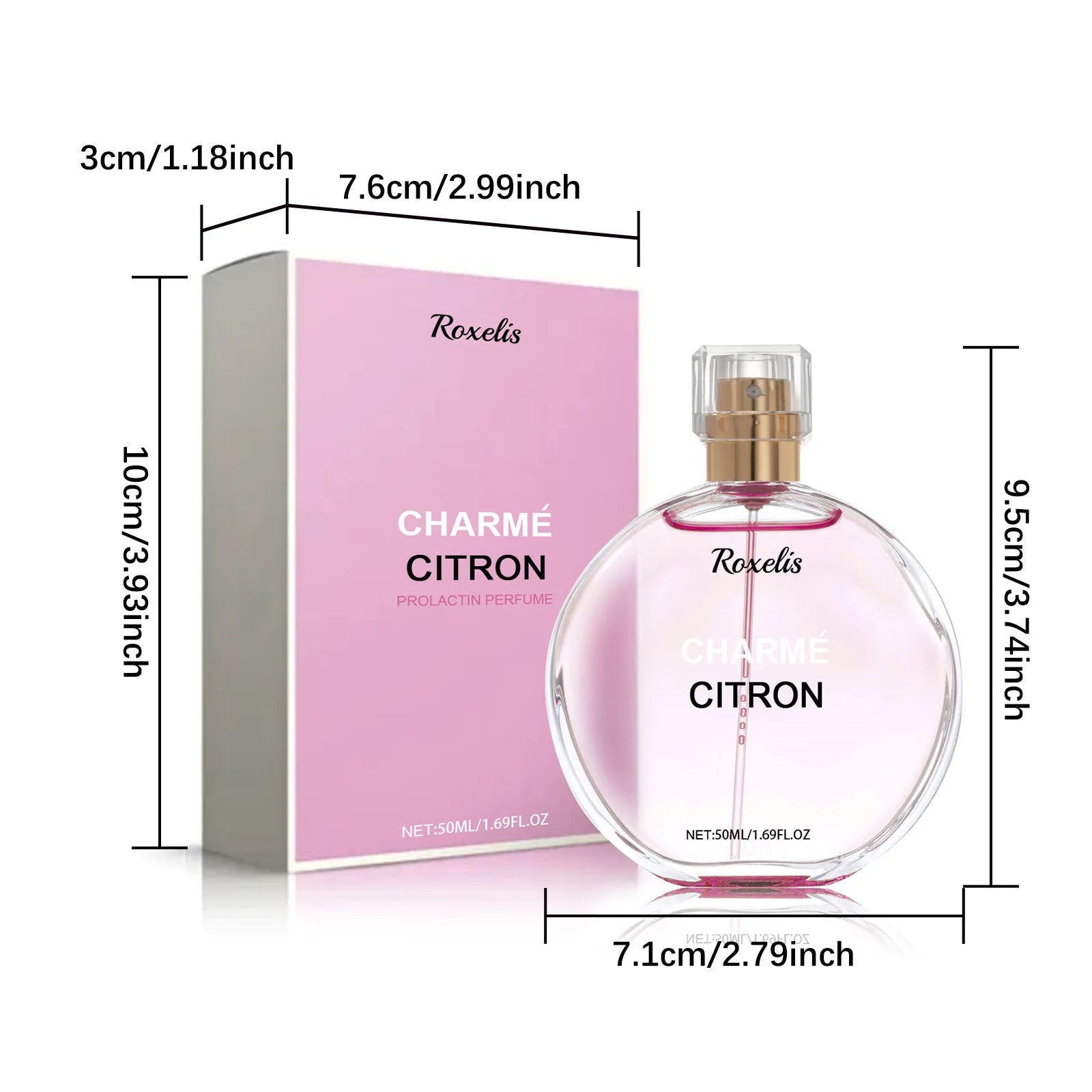 Roxelis Charmé Citron 50ml women’s pheromone perfume. Round bottle, fresh citrus-floral spray, elegant gift scent.