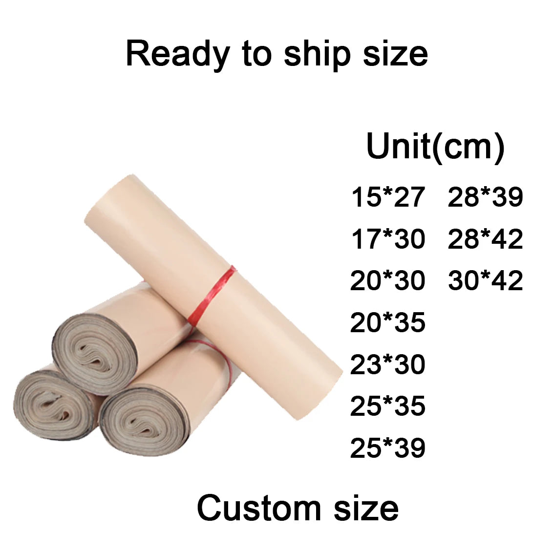 Rolled beige plastic polymailer mail bags for shipping clothing