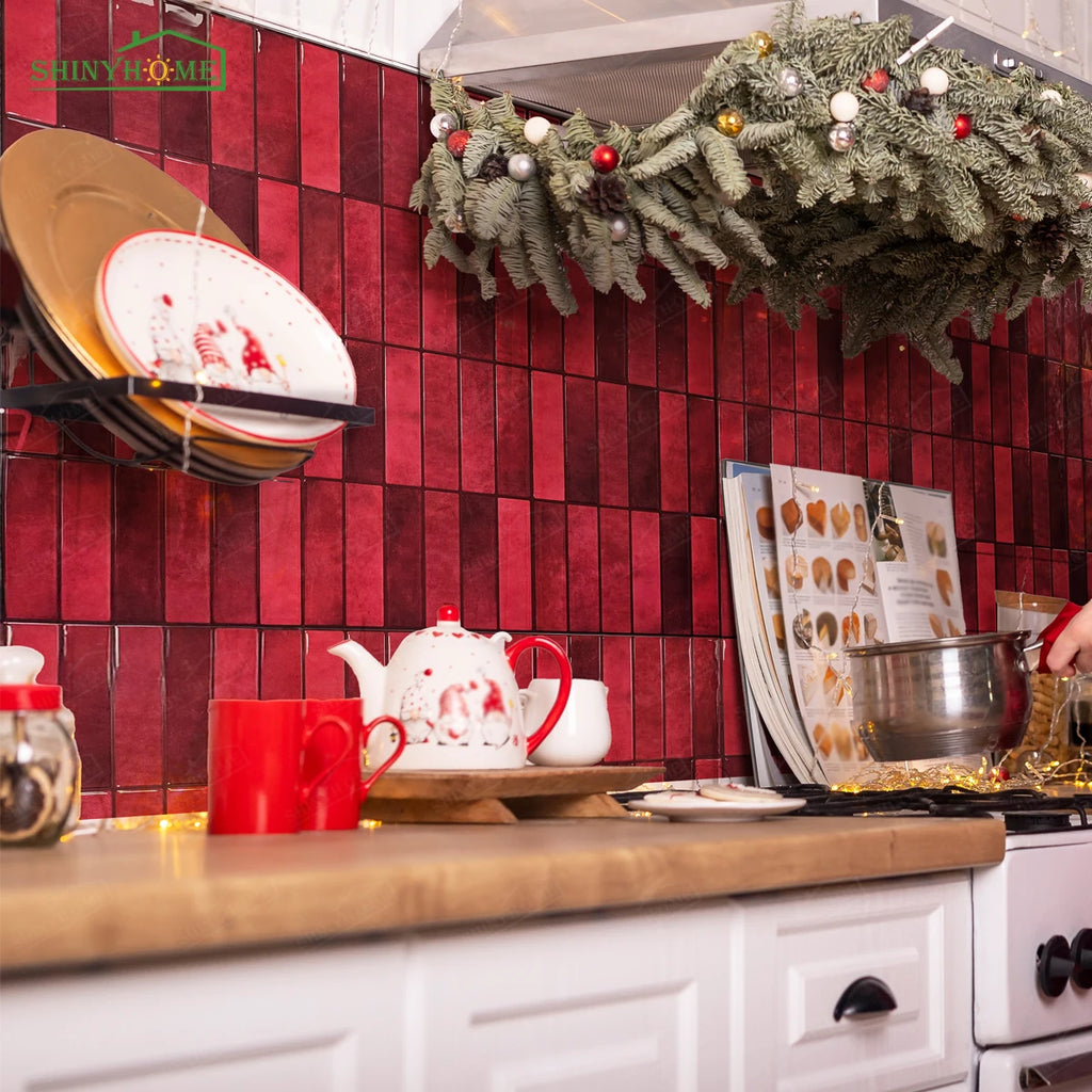 1/5/10/30 PC Burgundy 3D Peel and Stick Backsplash 11.4" x 9" Self Adhesive Tile for Kitchen Bathroom Wall Tiles DIY Wall Decor