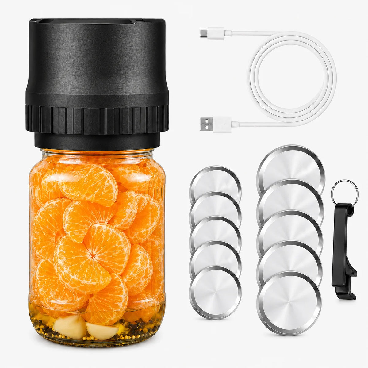 Black portable electric vacuum sealer with jar and included sealing rings