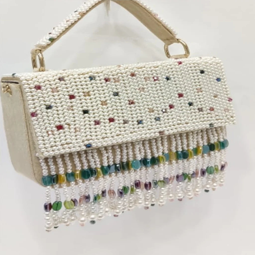 Luxury Embroidery Pearl Beaded Handbag Handmade Crystal Tassel Fringe Evening Clutch Portable 7 Inch Elegant Wedding Party Purse