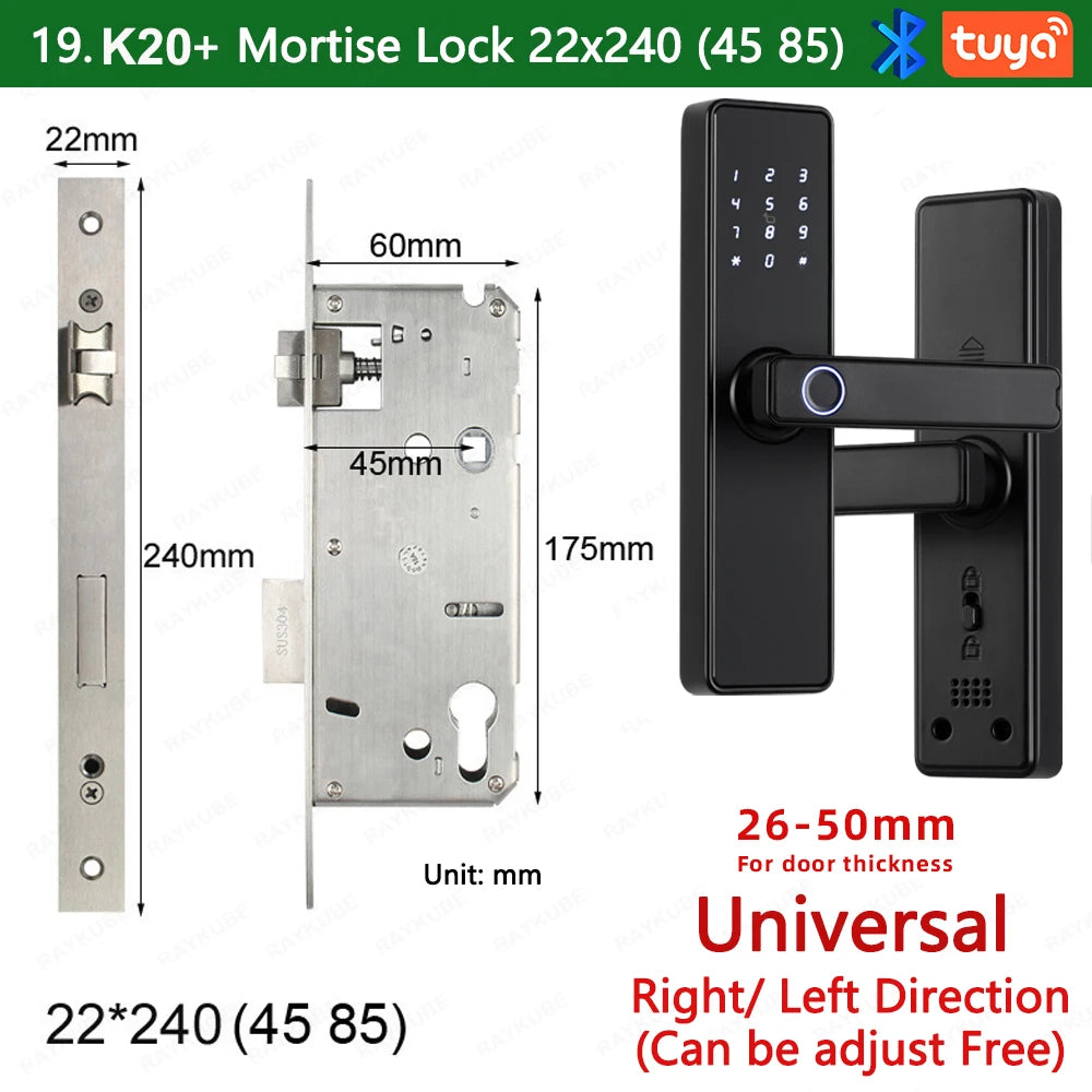 RAYKUBE K20 9-language Biometric Fingerprint Door Lock Electronic Door Lock with  Tuya APP/IC Card/Password/ Key Unlock