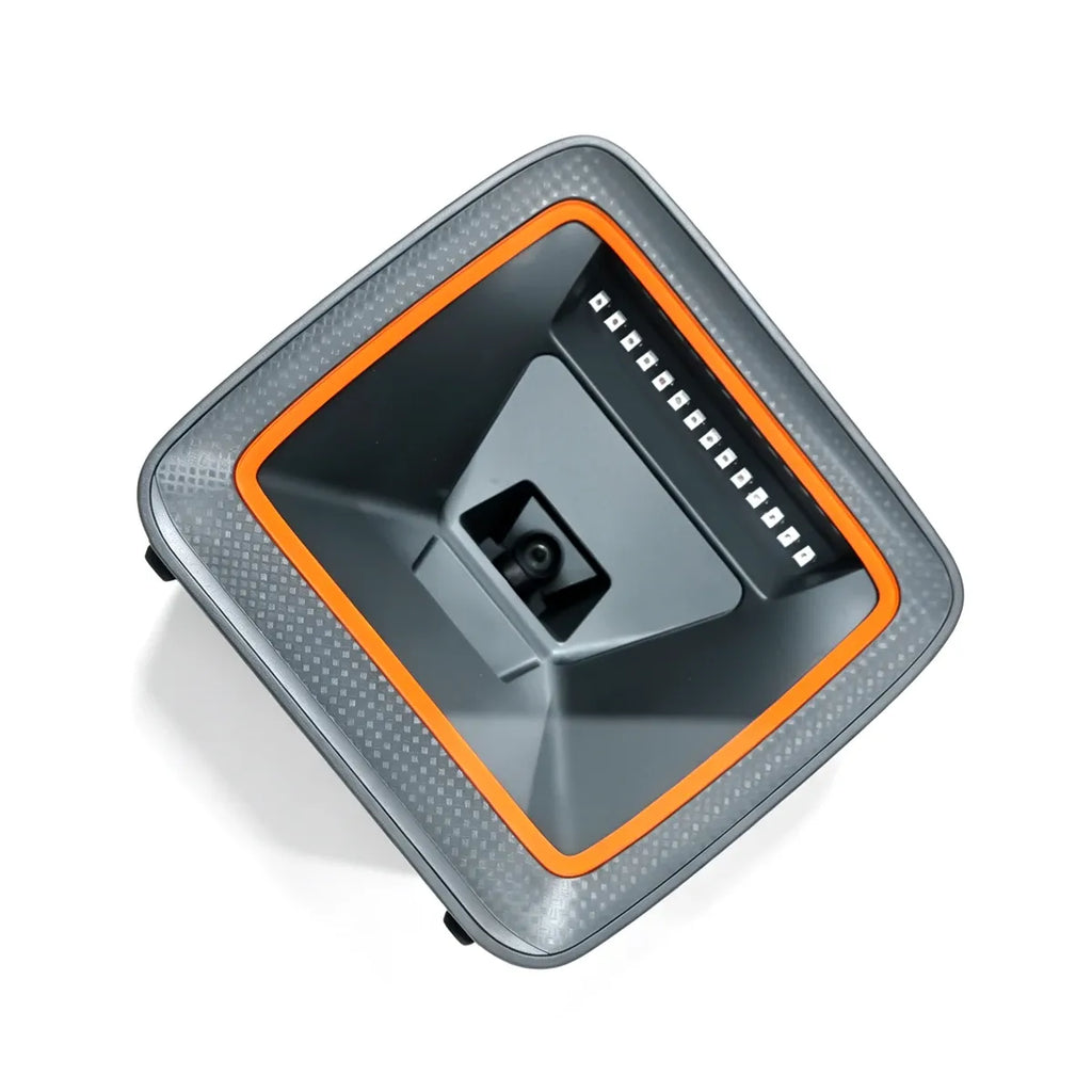 Desktop barcode scanner angled top view showing scan window and orange border