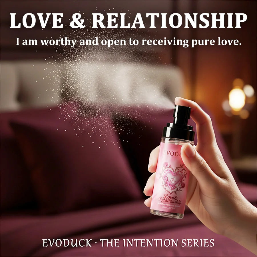 Evoduck Love & Relationship rose jasmine body spray, 2.7oz travel mist in a compact cylindrical bottle for women.