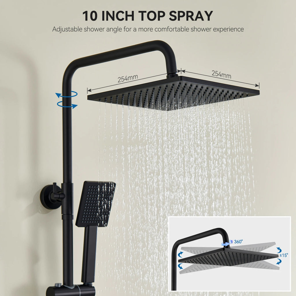 Shower bar with thermostatic mixer tap, anti-scald mixer tap, 25x25 cm shower, adjustable shower bar without drilling, Black