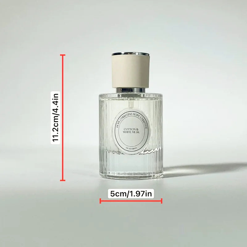 Hope Christine Cotton & White Musk EDP: Unisex ribbed glass bottle, long-lasting fresh soap-scented daily fragrance.