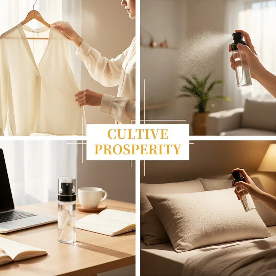 Cultive Prosperity Patchouli & Cinnamon body fragrance mist for women. Long-lasting 2.7 oz clear travel spray bottle.