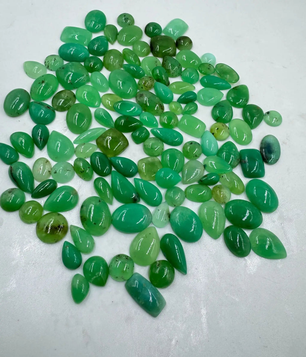 Green chrysoprase cabochon mix lot of smooth teardrop and oval gemstones