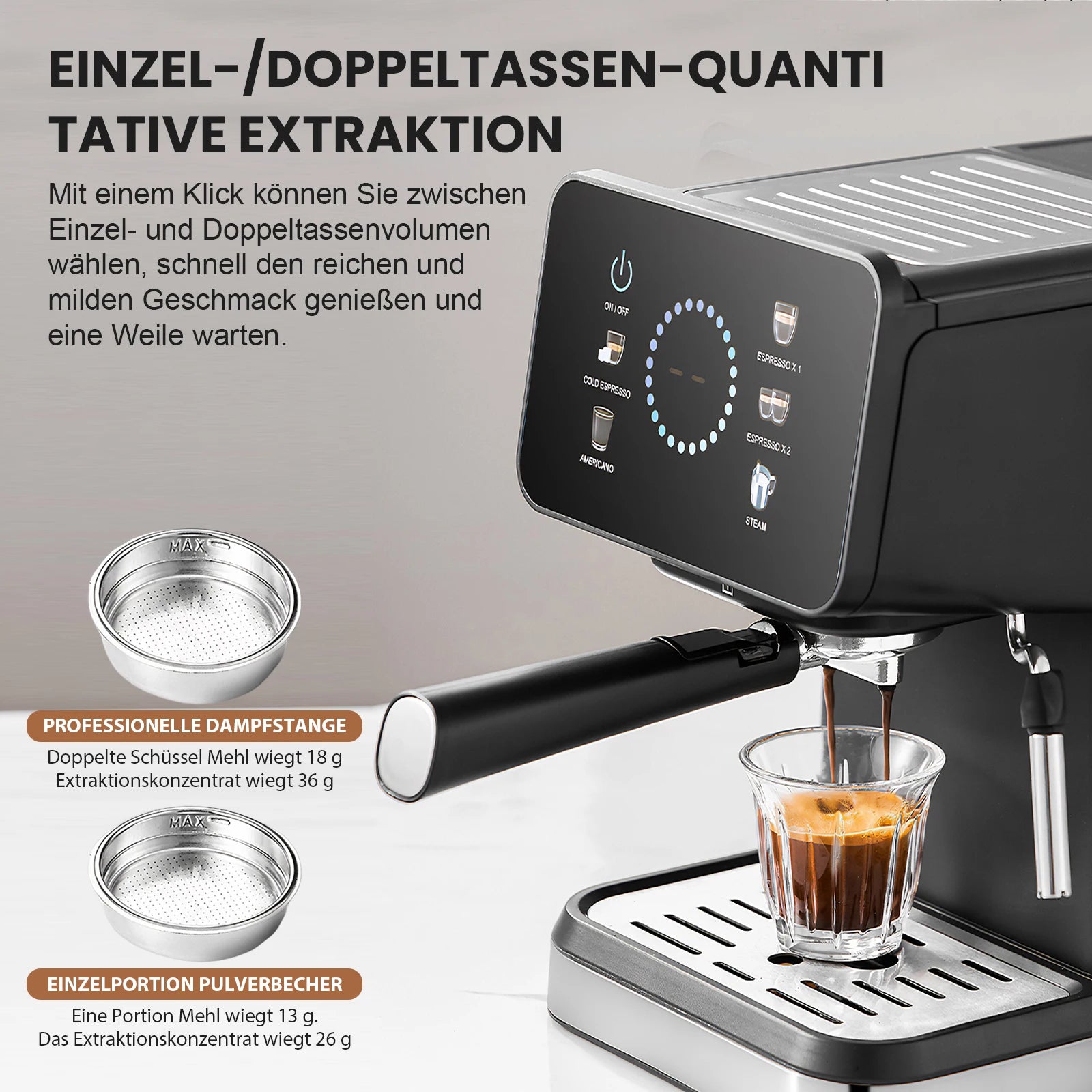 Black espresso machine with digital touch panel, stainless steel portafilter baskets, and brewing espresso into glass.