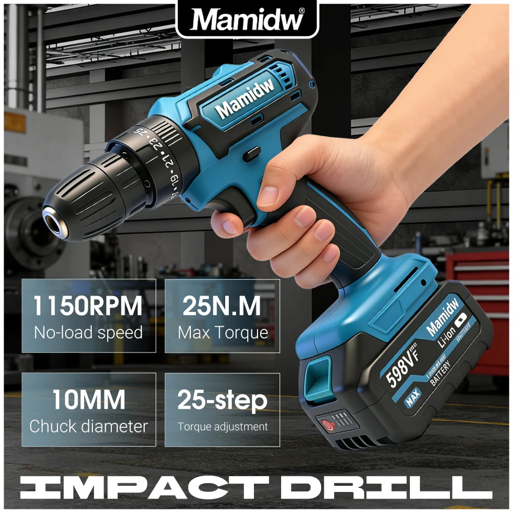 Mamidw Cordless Electric Drill 25N.M Max Torque 10mm Chuck Rechargeable Hand Drill for Household Furniture Assembly Wood Metal Drilling For Makita 18v Battery