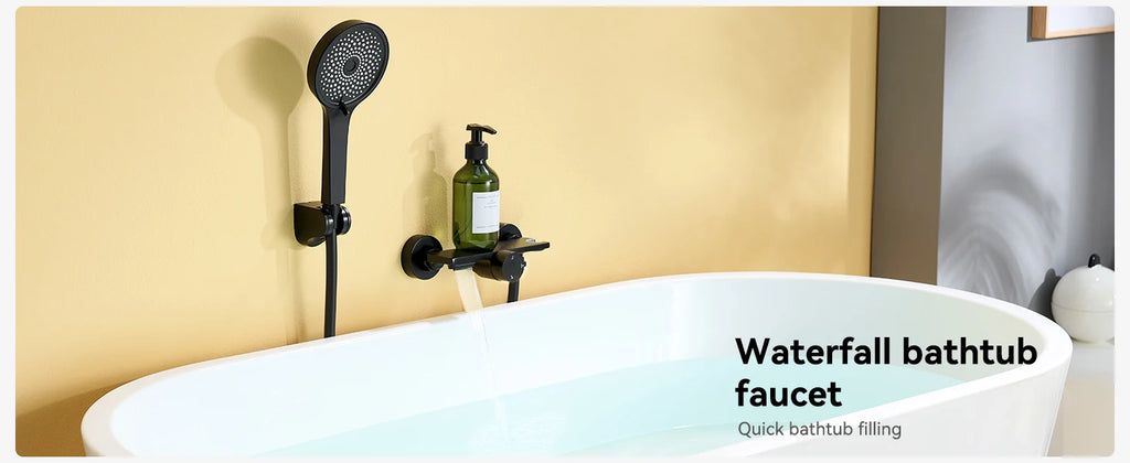 Bathtub Shower Faucet, Wall-mounted Bathtub Mixer Taps with 5-Mode Hand Shower, Hose and Wall Bracket, Black, Brass Body