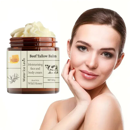 Beef tallow balm jar with wild honey, next to a skincare model applying hand to cheek.