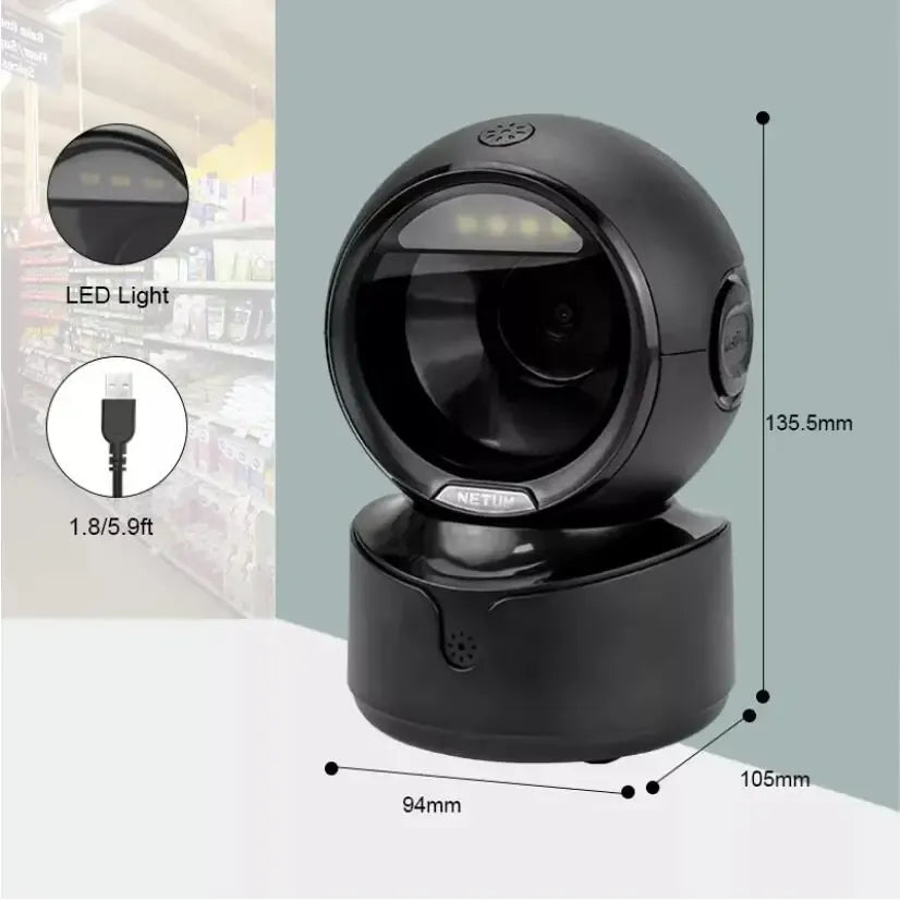 Black omnidirectional 2D QR barcode scanner dock with front lens and side buttons